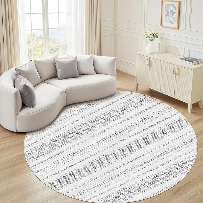 Nakagishi Round Rug Boho Area Rugs: 8x8 Washable Large Circle Neutral Soft by NakagishiAreaRug