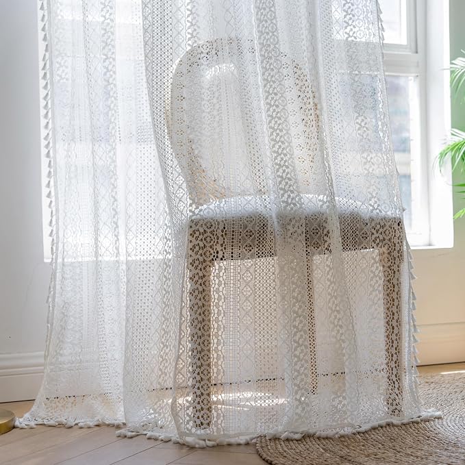 WAZZIO Boho Lace Curtains 45 Inches 2 Panel, Light Filtering Privacy Tassel & - Image 6