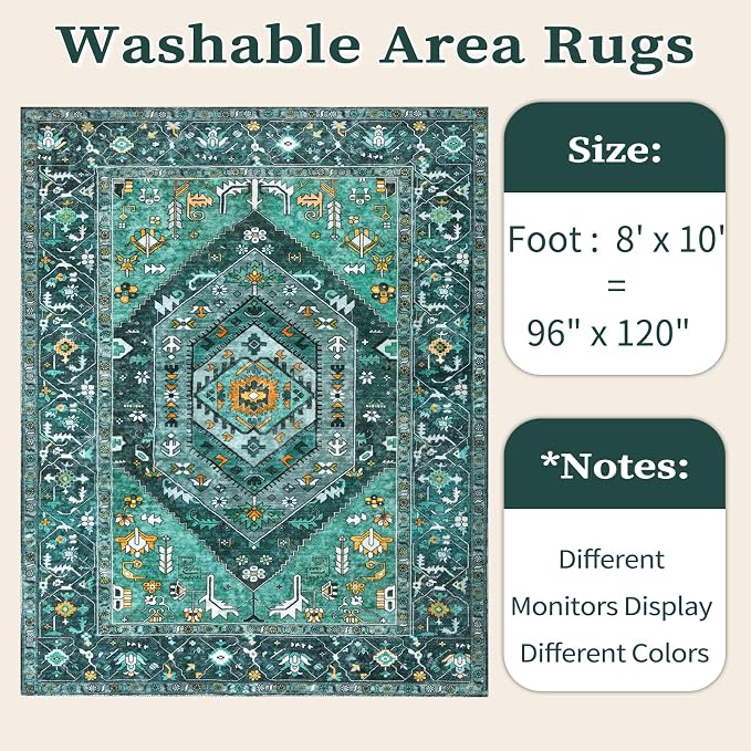SERISSA Washable 8x10 Area Rugs Teal, Large Non-Slip Boho Living Room Rug - Image 6
