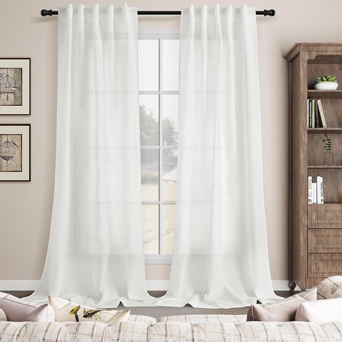 Solid Off White Curtains 96 Inches Long 2 Panels Back Tab Sheer Linen Curtain - Image 7