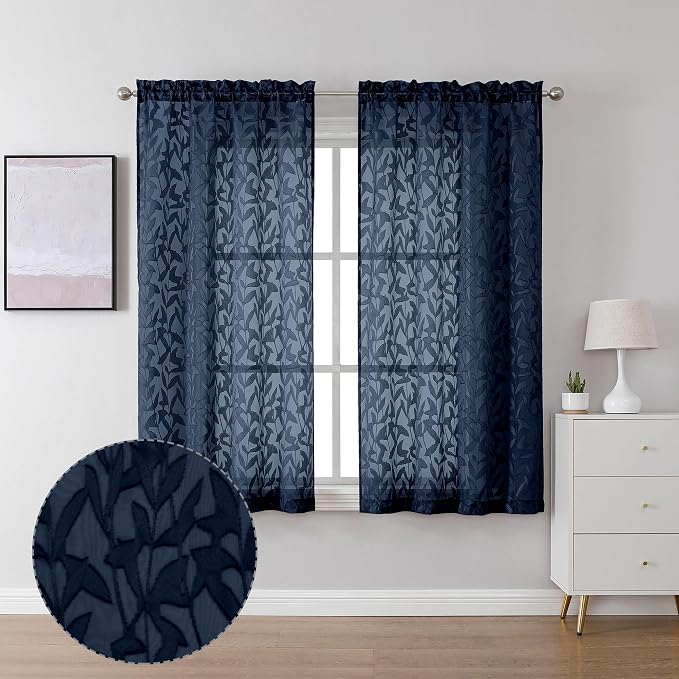 Lecloud Leia Clip Textured Navy Blue Sheer Curtains 54 Inch Length 2 Panels by Lecloud