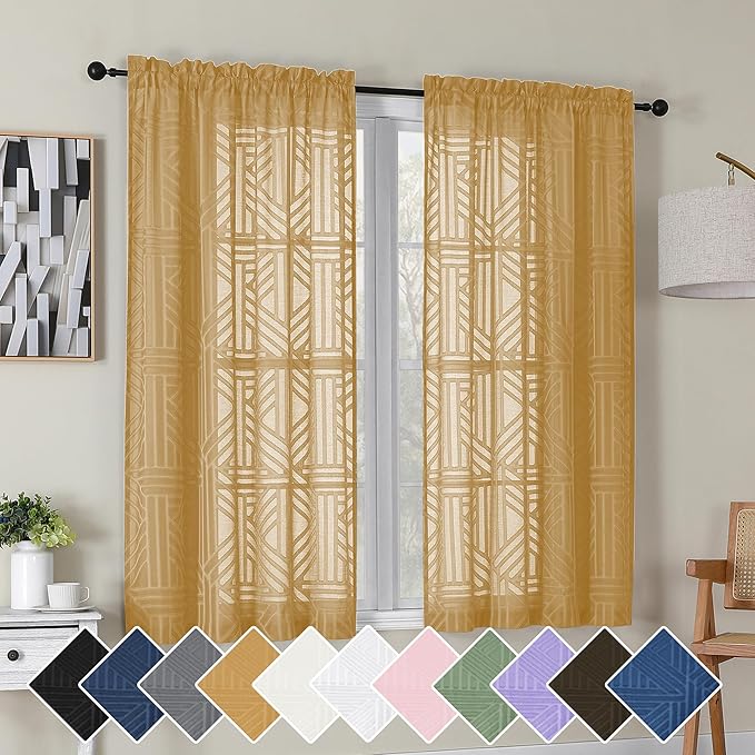 Simplebrand Gold Semi Sheer Curtains 54 Inch Length 2 Panels, Geometric by Simplebrand