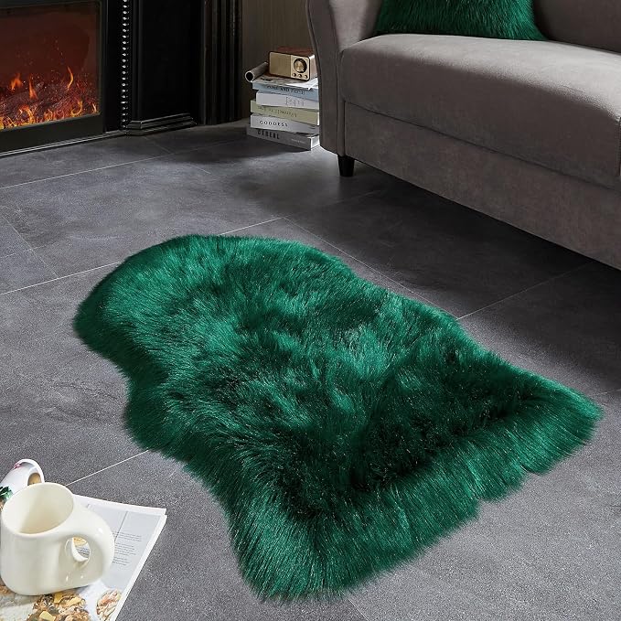 AMTOVO Faux Fur Rug, Dark Green Small Area Rug, Fluffy Sheepskin Rug, Fuzzy - Image 5