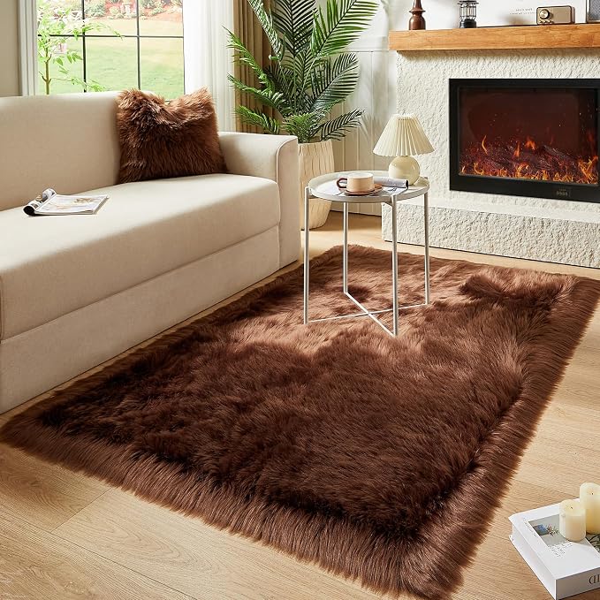 AMTOVO Faux Fur Sheepskin Rug for Living Room, 4 x 6 ft Coffee Fluffy Area Rug - Image 7