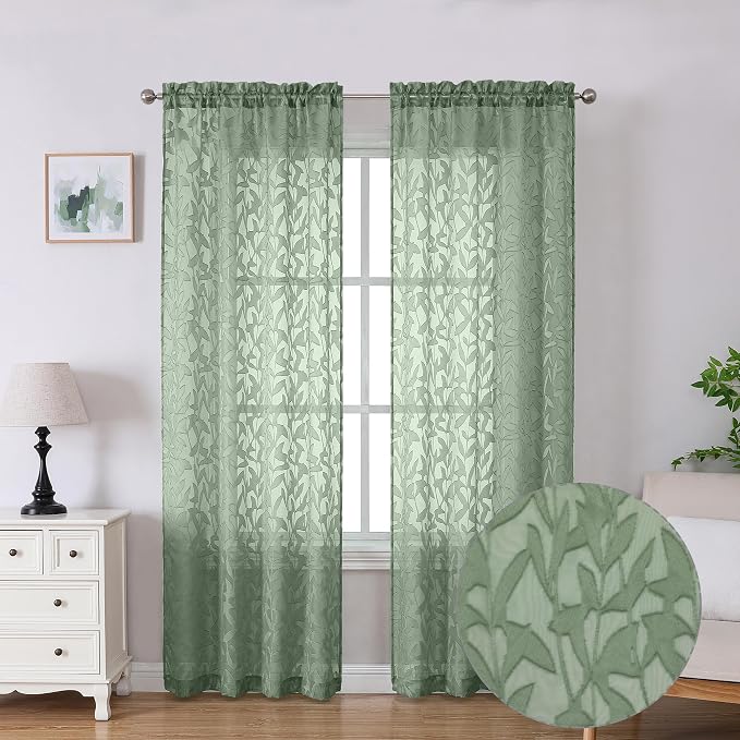 Lecloud Leia Living Room Sheer Curtains 84 Inches Long 2 Panels, Sage Green by Lecloud