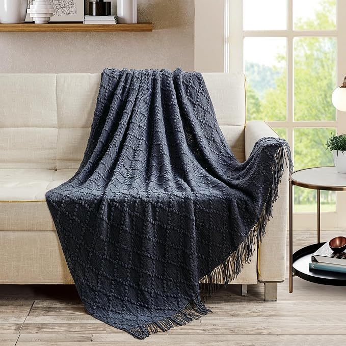 BOURINA Navy Throw Blanket 50 x70 Inches Jacquard Argyle Throw Textured Solid - Image 3