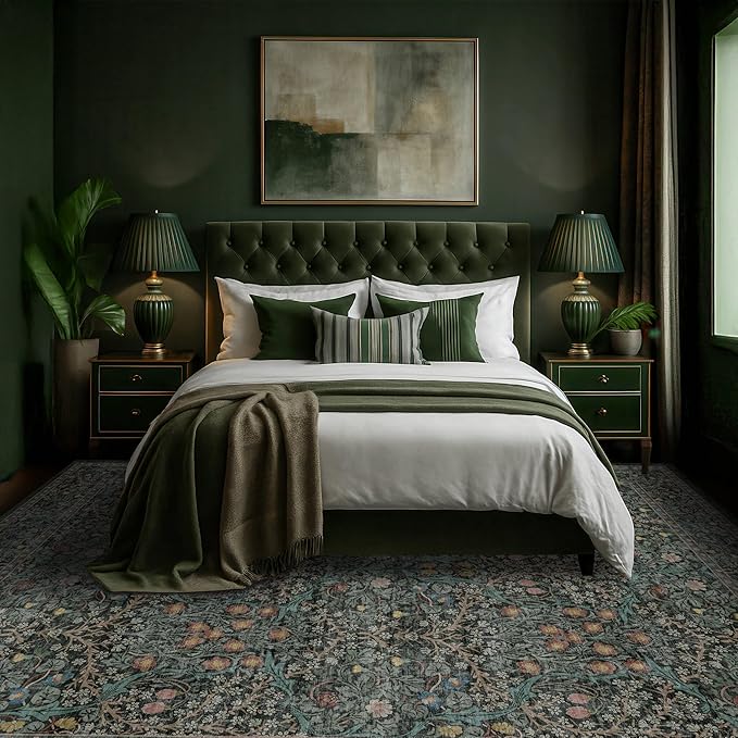 Vintage Washable Dark Green 10x14 Rug - Image 3