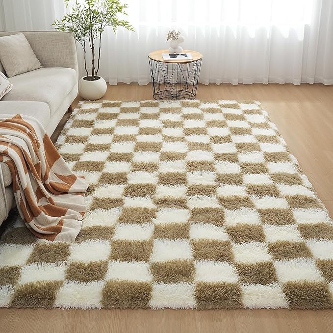 Checkered Area Rugs for Living Room 8x10, Fluffy Beige and White Checkered Rug by Boshengya