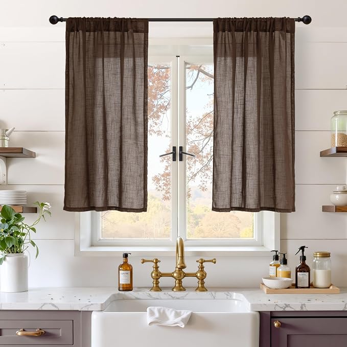 BGment Brown Linen Kitchen Curtains 40 Inch Length, Small Semi Sheer Drapes by BGment