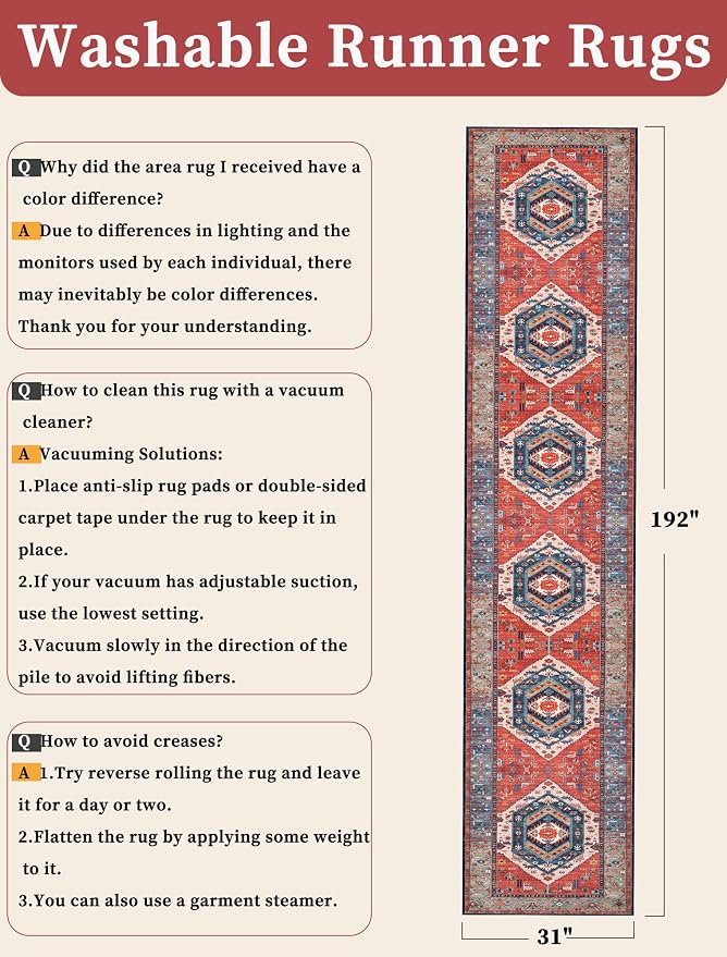 SERISSA Runner Rug for Hallways, Extra Long Boho Rug Ultra Soft Vintage Rust - Image 6