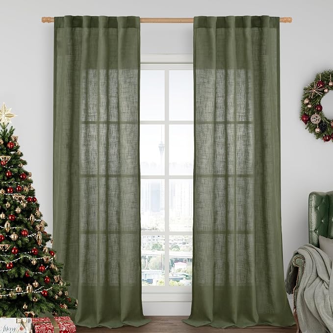 LAMIT Olive Green Linen Curtains 84 inch Length 2 Panels, Light Filtering Semi by LAMIT