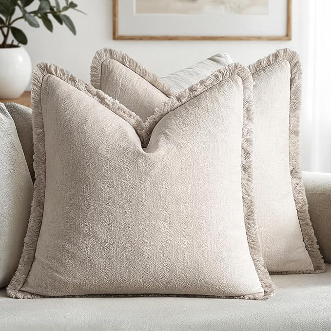 MIULEE Decorative Throw Pillow Covers Neutral Linen Fringe Throw Pillows Euro by MIULEE
