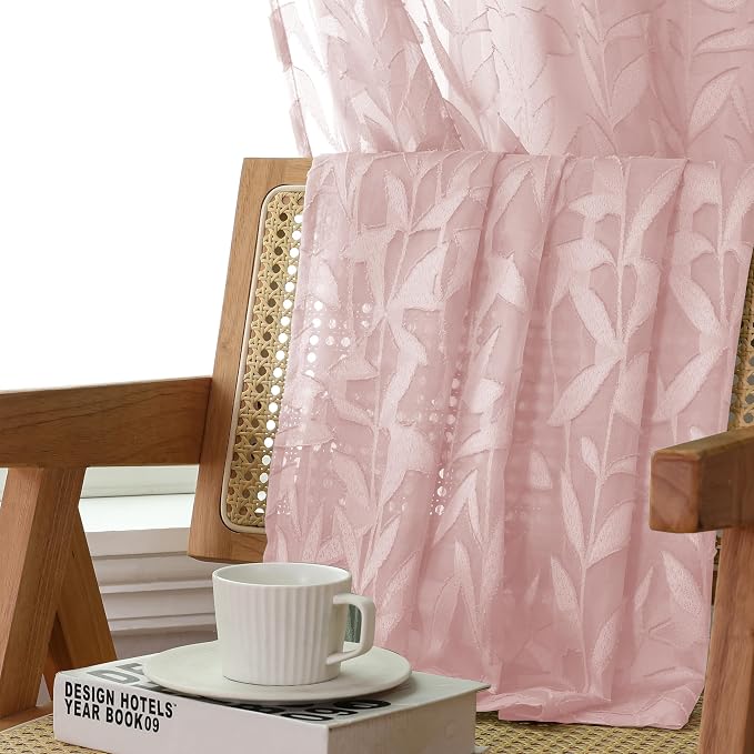 Lecloud Leia Clip Textured Sheer Blush Curtains 45 Inch Length 2 Panels - Image 7