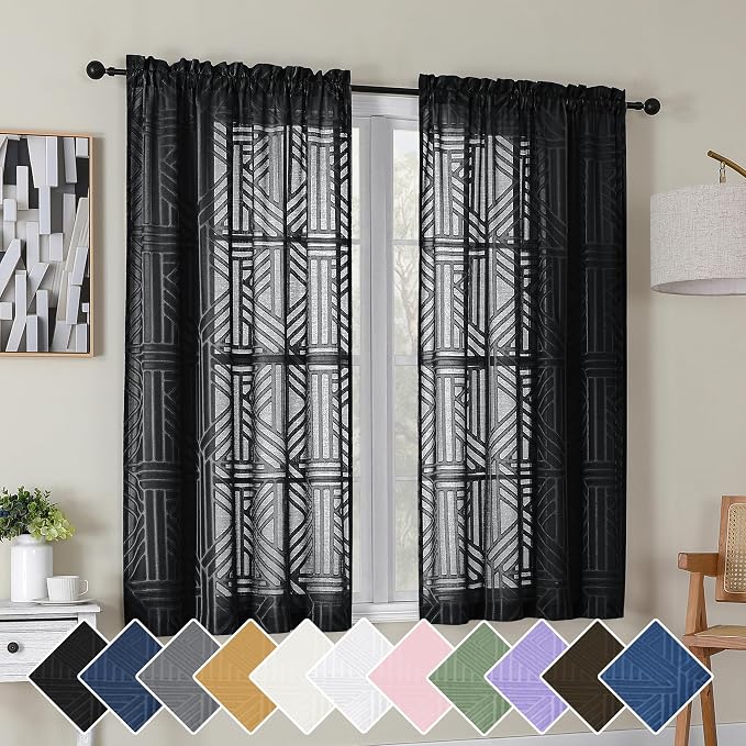Simplebrand Black Semi Sheer Curtains 45 Inch Length 2 Panels, Geometric by Simplebrand