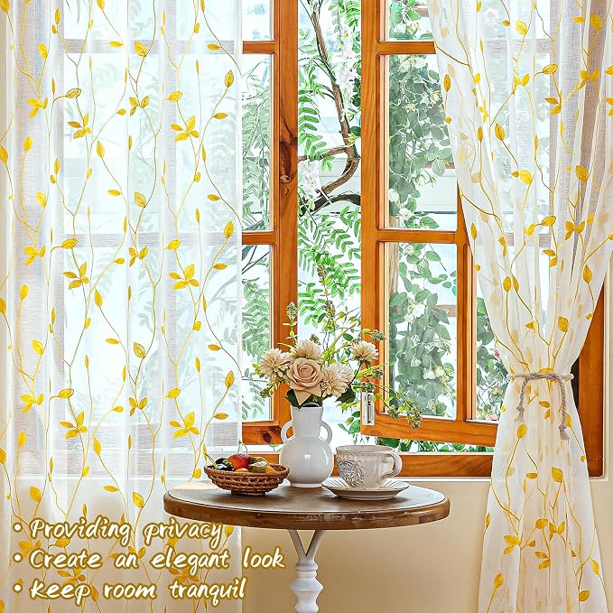 AmHoo 2 Panels Embroidered Leaf Pattern Semi Sheer Curtains Foliage Floral - Image 6