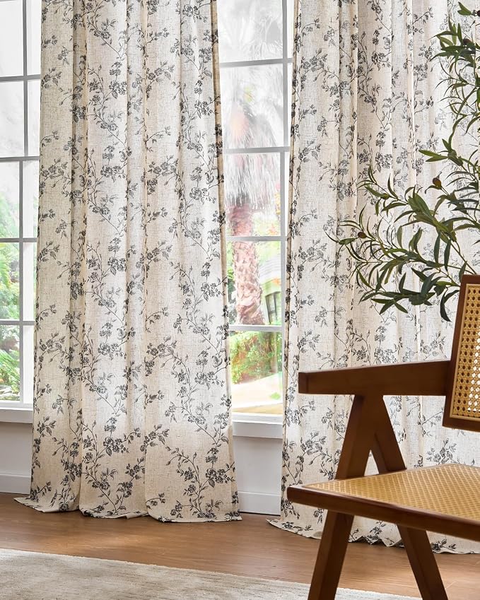 Lazzzy Black Floral Linen Curtains 90 Inch Farmhouse Back Tab Drapes - Image 7