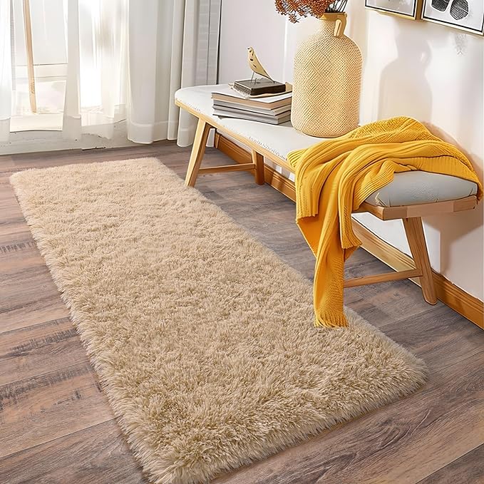 Soft Runner Rugs for Bedroom Hallways, 2x5 Beige Fluffy Shag Throw Area Rug Non - Image 2