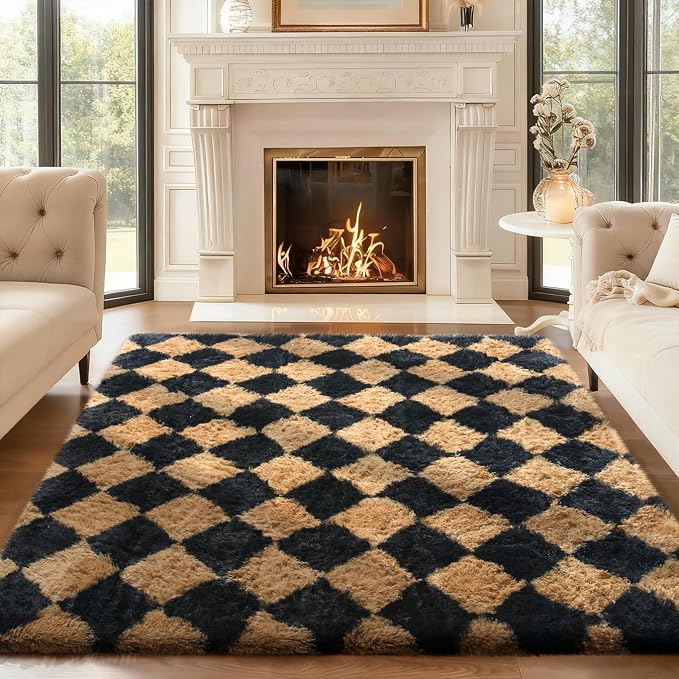 Ophanie Checkered Black & Beige Rhombus Rugs by Ophanie
