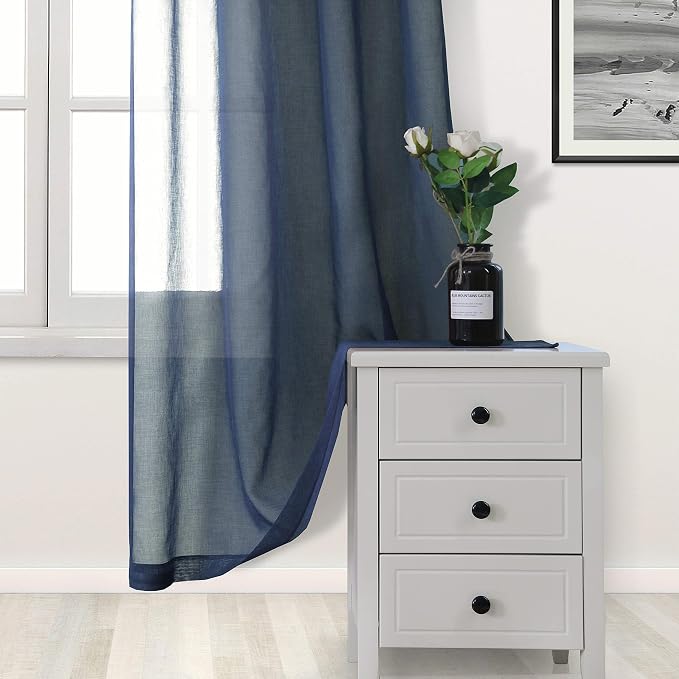 DWCN Navy Blue Sheer Curtains Semi Transparent Voile Rod Pocket Curtains - Image 3