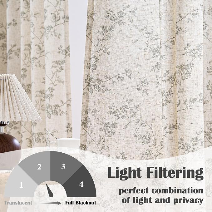 Lazzzy Linen Farmhouse Curtains Grey Floral Curtains 63 Inch Long Back Tab - Image 3