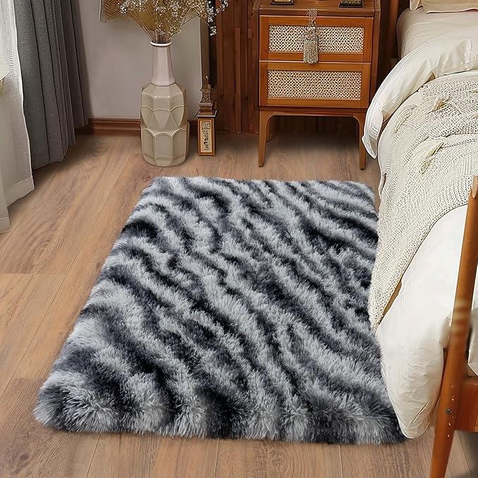 Soft Runner Rugs for Bedroom Hallways, 2x3 Black and White Fluffy Shag Throw by Ailyei