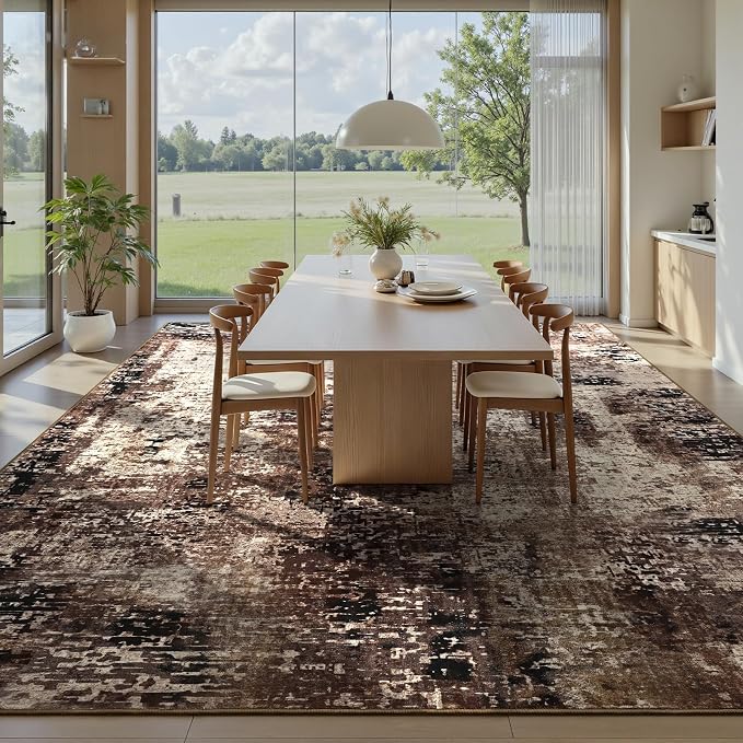 Ompaa Living Room Rug 6x9 Brown Area Rug Machine Washable Boho Coffee Rug Non - Image 3