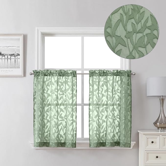 Lecloud Leia Sage Green Sheer Curtains 30 Inch Length 2 Pcs, Breathable by Lecloud