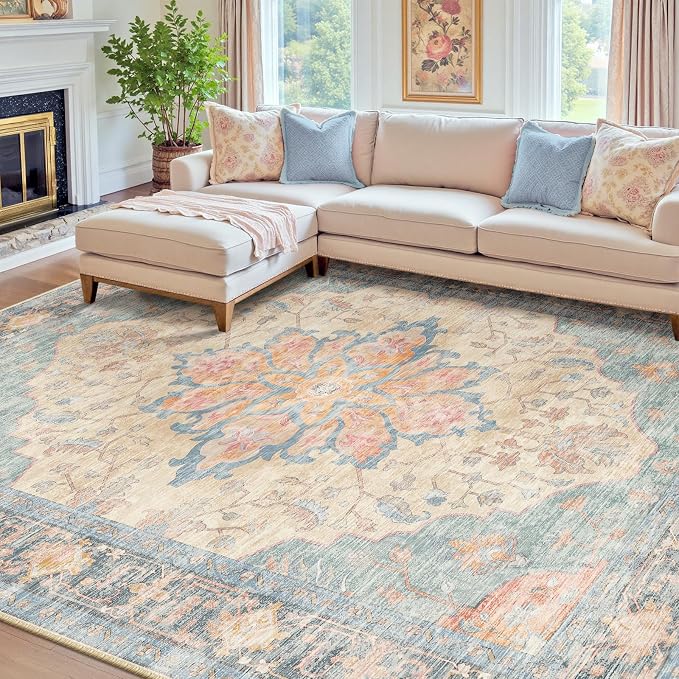 Area Rugs 8'x10' Washable Non-Slip, Floral Vintage Distress Print Pattern by RELEANY