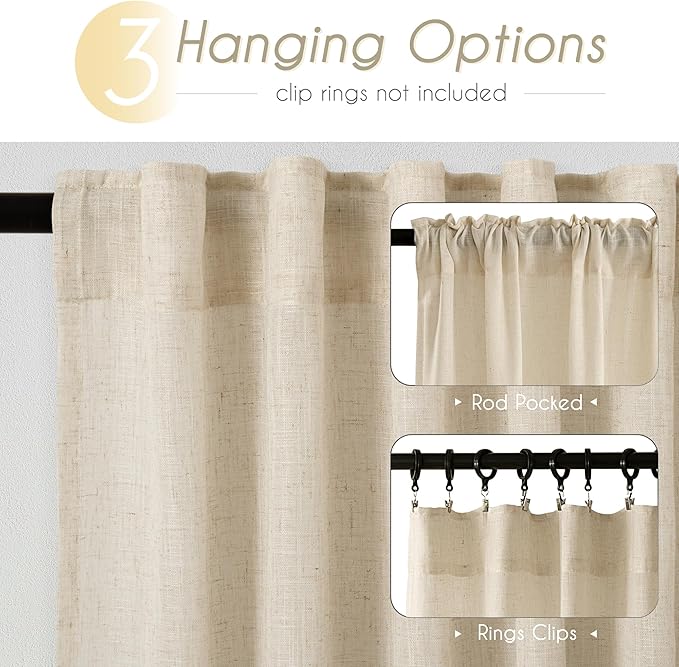 Greyish Beige Linen Curtain 108 inch Length 2 Panels Set Back Tab Light - Image 2