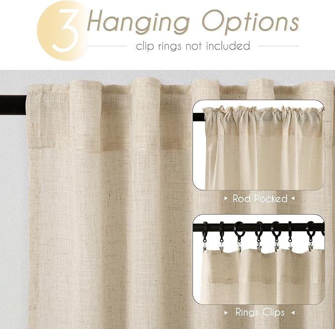 Greyish Beige Linen Curtain 96 inch Length 2 Panels Set Back Tab Light - Image 2