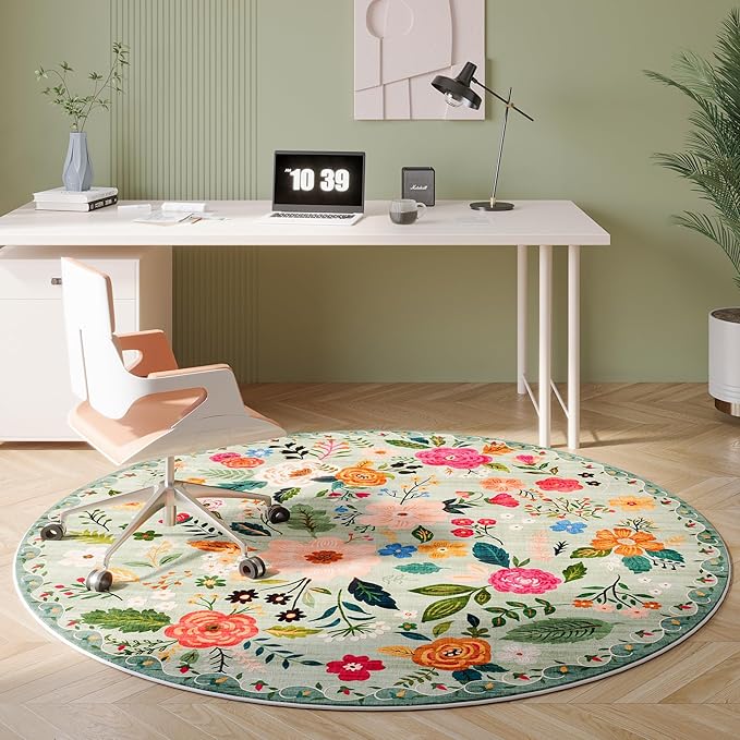 Rugcomf Round Rug 4ft Washable Circle Rug Non Slip Low Pile Boho Floral Small - Image 5
