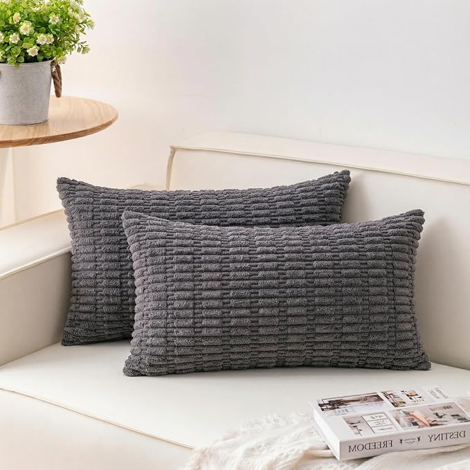 Pack of 2 Corduroy Decorative Throw Pillow Covers 12x20 Inch Soft Striped by Unknown