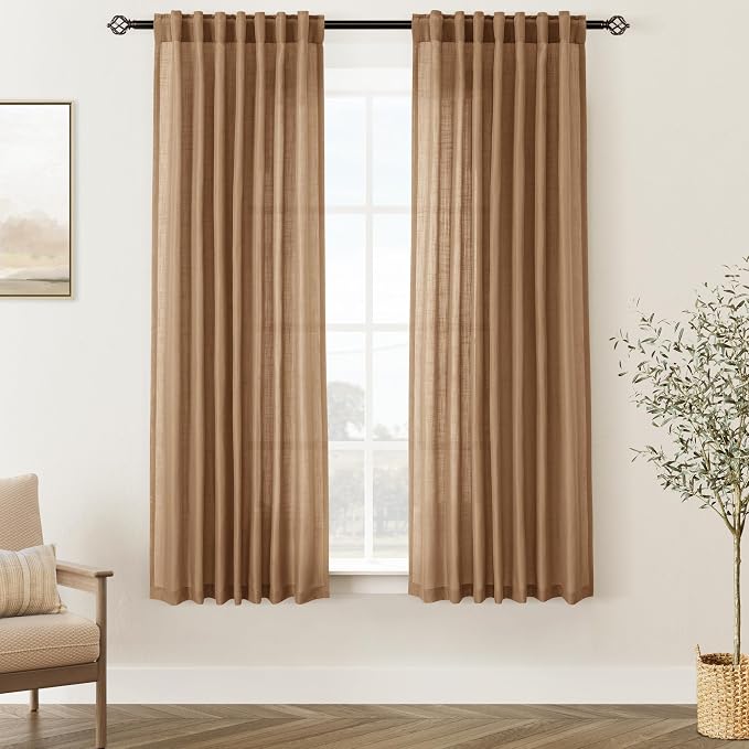 Brown Curtains for Living Room Back Tab Modern Farmhouse Semi Sheer Brown by Jolilight