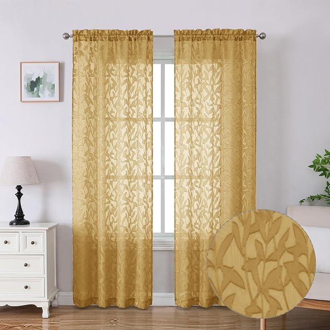 Lecloud Leia Dark Gold Sheer Curtains 84 Inches Long 2 Panels, Jacquard by Lecloud
