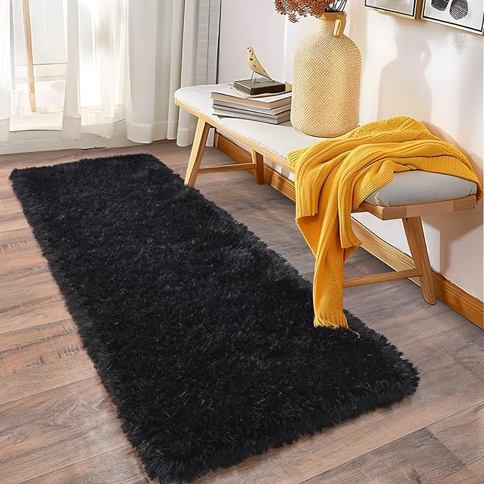 Soft Runner Rugs for Bedroom Hallways, 2x6 Black Fluffy Shag Throw Area Rug Non - Image 4