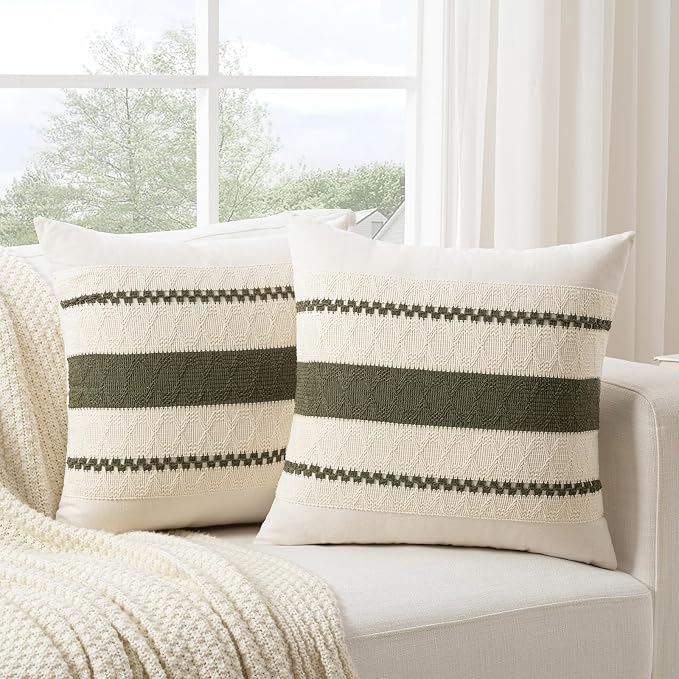 Fancy Homi Set of 1 Boho Olive Green Decorative Throw Pillow Cover 20x20 Inch - Image 2