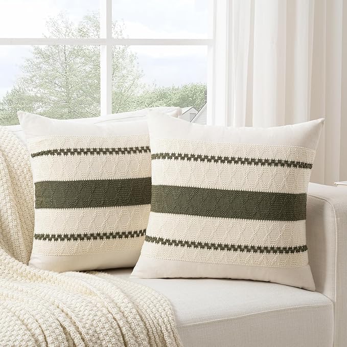 Fancy Homi Set of 1 Boho Olive Green Big Decorative Throw Pillow Cover 24x24 - Image 2