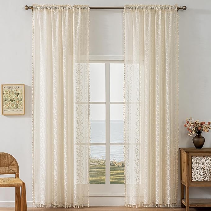 WAZZIO Boho Lace Curtains 2 Panels 84 Inches Long-Cute Vintage Victorian Sheer - Image 2
