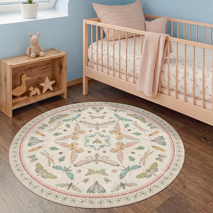 Boho Light Pink Round Rugs for Kids Bedroom - 4 ft Unique Circle Area Rugs for by HazoHaus