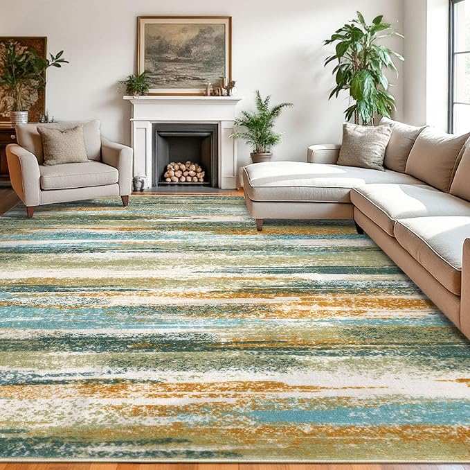 Lansny Modern Abstract 9x12 Large Machine Washable Living Room Rug Non-Slip by lansny