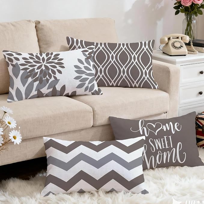 Hexagram Geometric Grey Pillow Covers 12x20 Set of 4, Decorative Outdoor Boho - Image 5