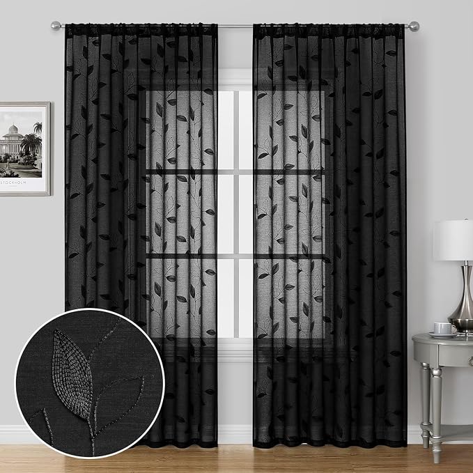 HOMEIDEAS Black Sheer Curtains 52 X 96 Inches Length 2 Panels Black Embroidered - Image 2