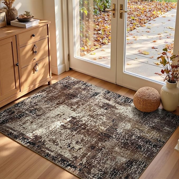 Entryway Rug 3x5 Brown Bedroom Area Rug Washable Non Slip Abstract Coffee Boho by OmpaaHomeDecor