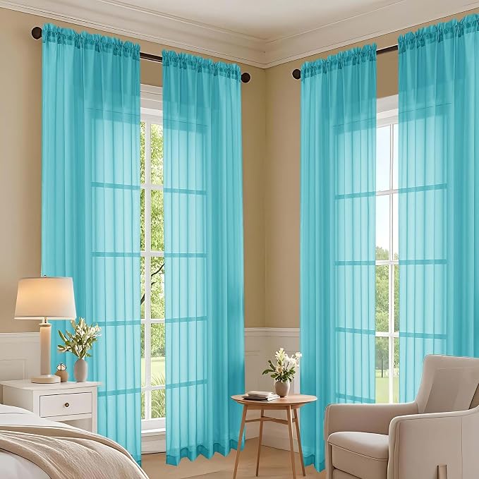 OVZME Turquoise Sheer Curtains 84 Inches Long 2 Panels Set, Light Filtering - Image 6