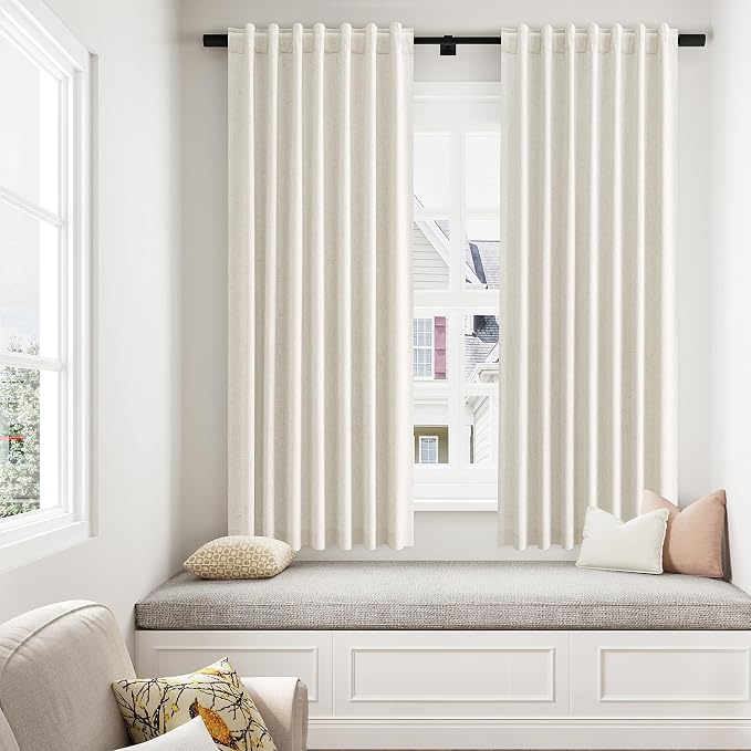 Cream 100% Blackout Linen Curtains 63 Inch Length 2 Panels Set - Image 8