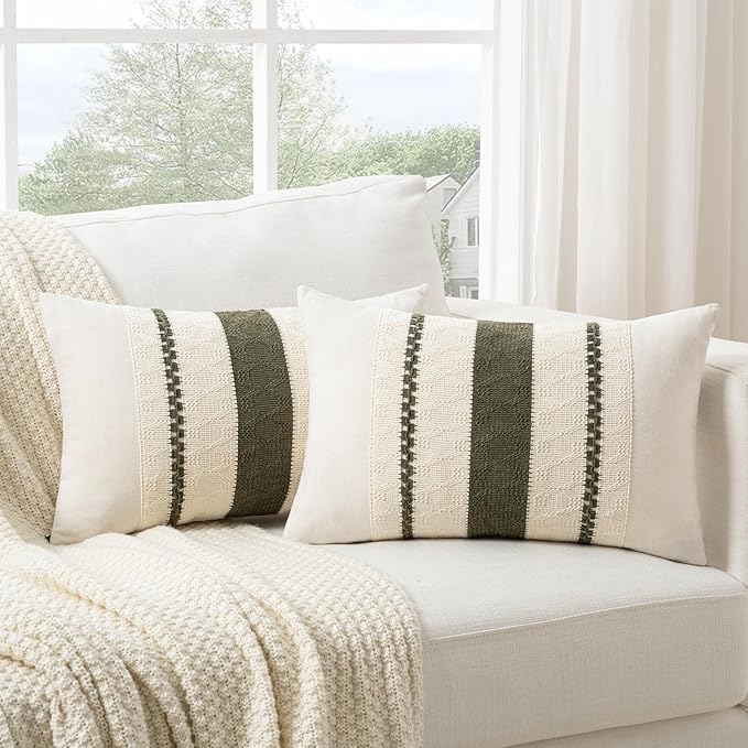 Fancy Homi Set of 1 Boho Olive Green Lumbar Decorative Throw Pillow Cover 12x20 - Image 2
