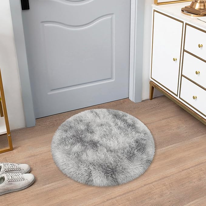 Tie Dye Grey Round Rugs Small 2x2 ft Fluffy Circle Rug Furry Carpet Shaggy - Image 6