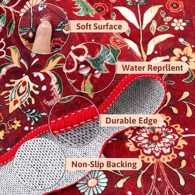 Yamaziot Christmas Runner Rug 2x8 – Red Floral Washable Non-Slip Carpet Runner - Image 5