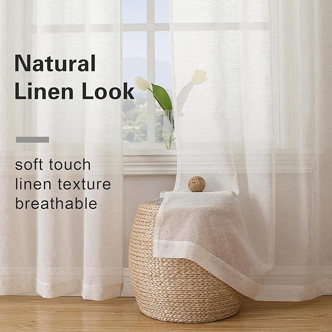 Simplebrand Natural Linen Textured Sheer Curtains 96 inches Long 2 Panels - Image 3