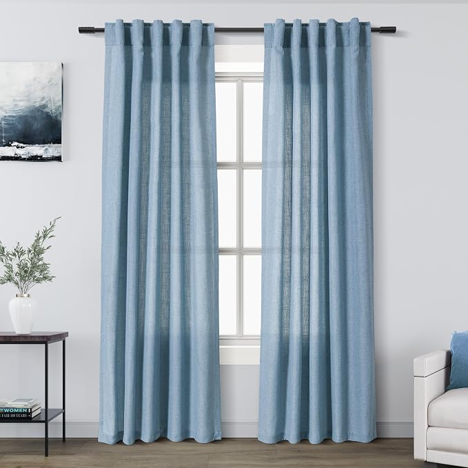Blue Linen Blend Drapes 84 Inch Length 2 Panels Set Back Tab Rod Pocket Light by Nanspring
